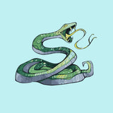 Stylized green snake mid-hiss with curled body and flicked tongue on a light blue background. Illustrated by Kalinina for the Green Snake paint by numbers kit.