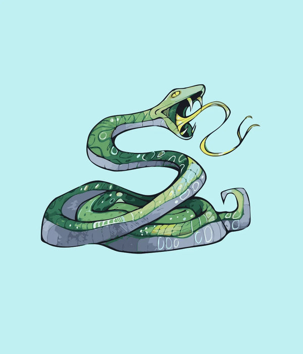 Stylized green snake mid-hiss with curled body and flicked tongue on a light blue background. Illustrated by Kalinina for the Green Snake paint by numbers kit.