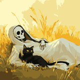 Skeleton in a cloak relaxing in a field with black cat