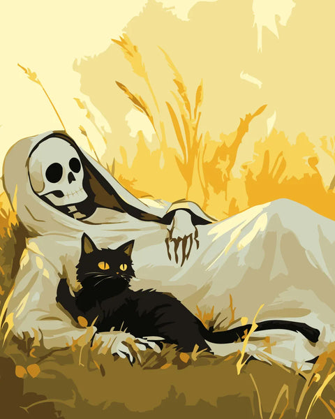 Skeleton in a cloak relaxing in a field with black cat