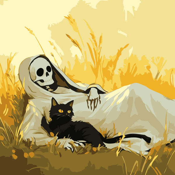 Skeleton in a cloak relaxing in a field with black cat