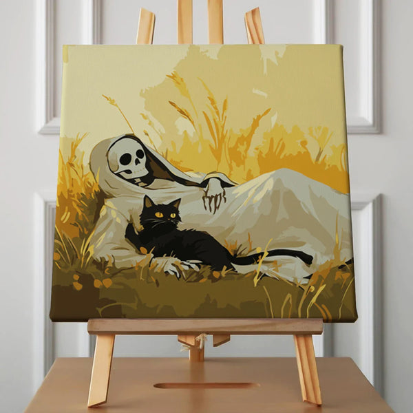 Skeleton in a cloak relaxing in a field with black cat