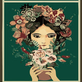 Painting of a woman with flowers in her hair and hands
