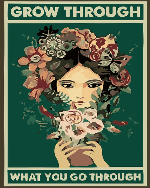 Painting of a woman with flowers in her hair and hands