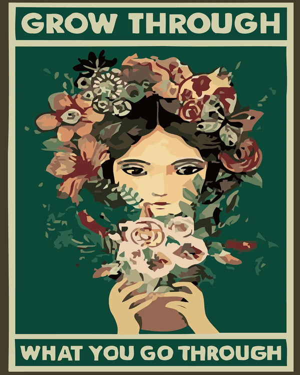 Painting of a woman with flowers in her hair and hands