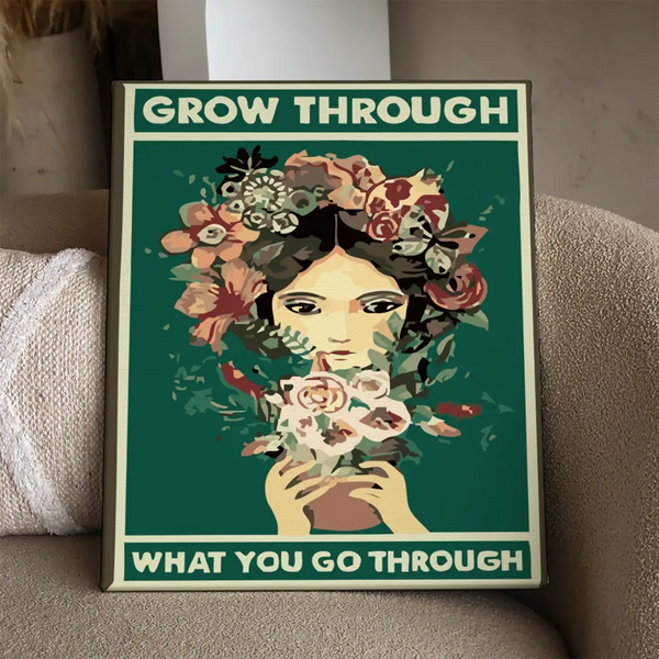 Painting of a woman with flowers in her hair and hands