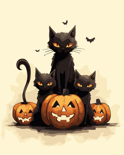 Halloween-themed painting of black cats sitting on carved pumpkins