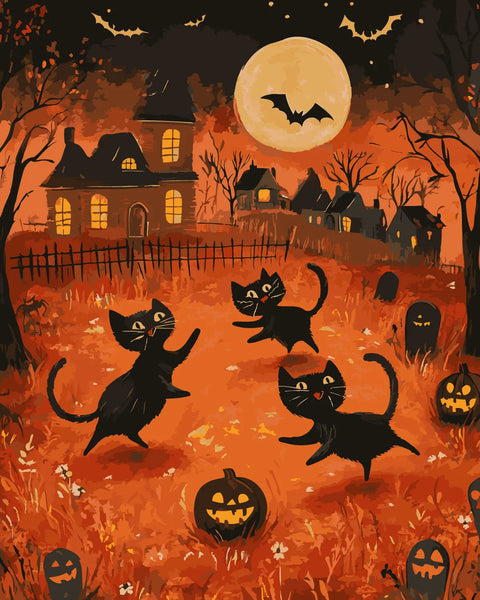 Whimsical Halloween scene with black cats, pumpkins, and haunted houses