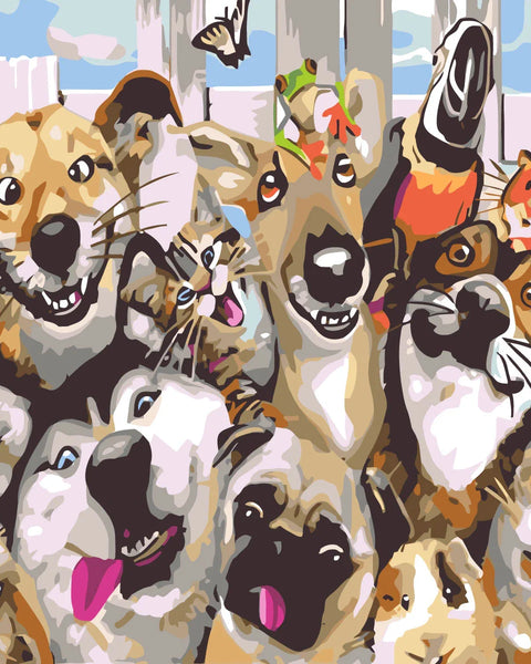 Painting of happy dogs, cats, and other pets in a garden