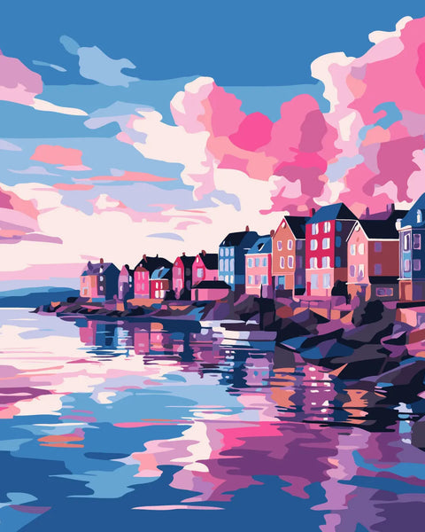 Colorful coastal town with vibrant sky reflecting on calm water