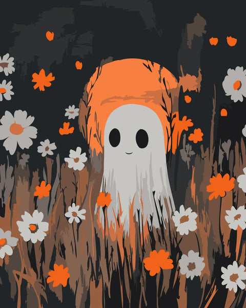 Cute ghost in a spooky flower field under a glowing moon