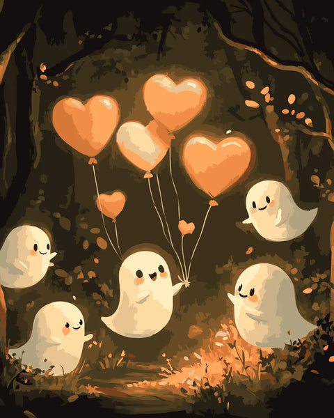 Cute ghosts in a forest holding glowing heart-shaped balloons at night