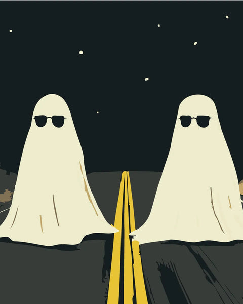 Two cool ghosts wearing sunglasses standing on a dark highway