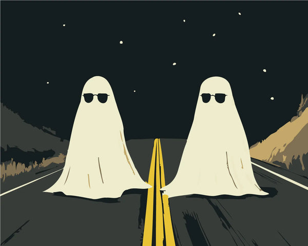 Two cool ghosts wearing sunglasses standing on a dark highway