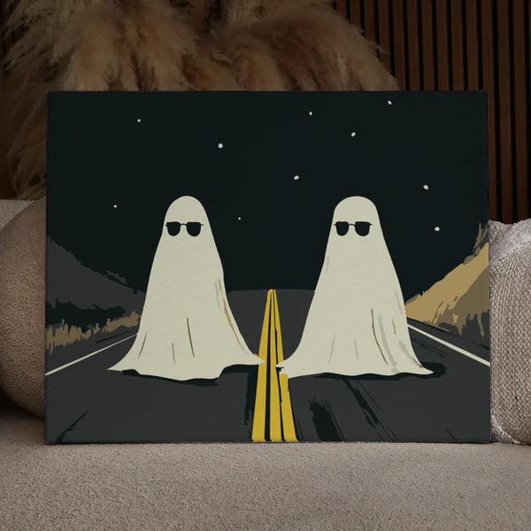 Two cool ghosts wearing sunglasses standing on a dark highway