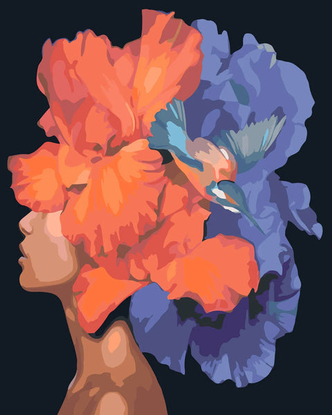 Painting of a woman with large flowers and a bird