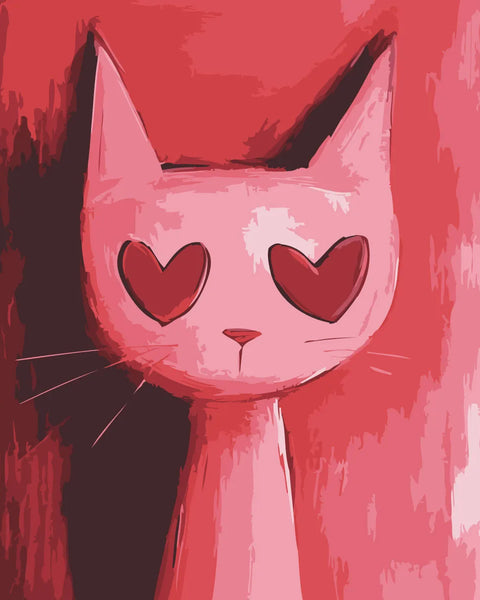 Pink cat with heart-shaped eyes on a red background