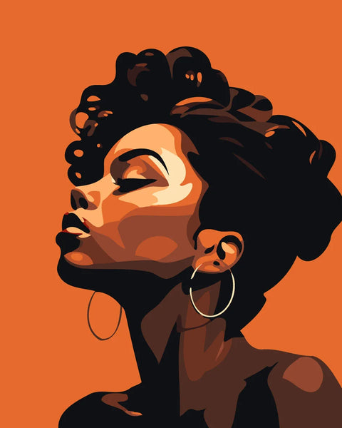Stylized portrait of a woman with curly hair and hoop earrings