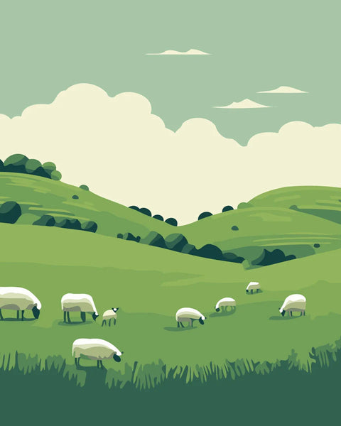 Pastoral landscape with grazing sheep on rolling green hills