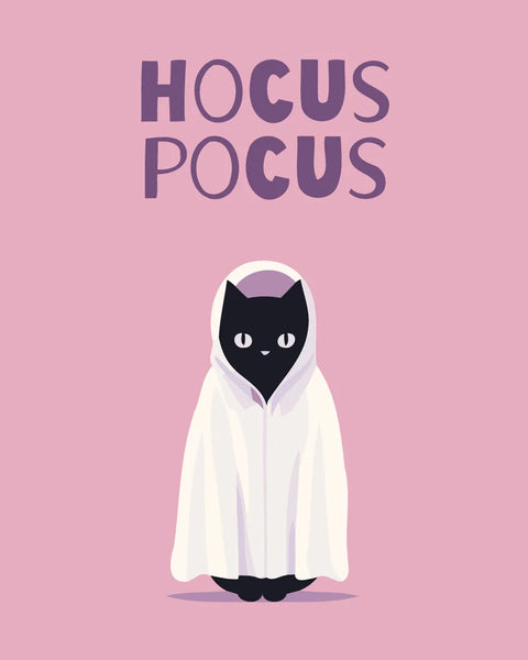 Black cat in ghost costume with "Hocus Pocus" text on pink background