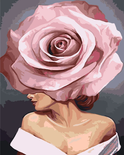 Painting of a woman with a giant pink rose as head
