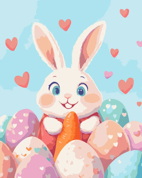 Hoppy Love Paint by Numbers Kit featuring a smiling Easter bunny holding a carrot, surrounded by colorful eggs and floating hearts.