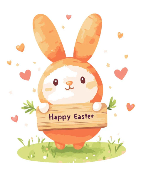 Hoppy Wishes Paint by Numbers Kit featuring a cute bunny holding a 'Happy Easter' sign, surrounded by floating hearts and soft pastel tones.