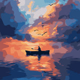 Silhouette of a person rowing a boat on a sunset-lit lake