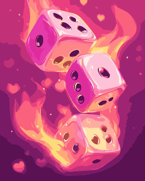 Three flaming pink dice rolling with glowing hearts in background