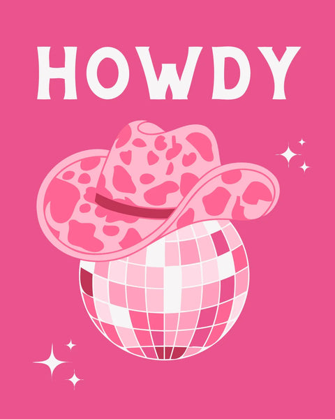 Pink disco ball wearing a cow-print cowboy hat with "Howdy" text