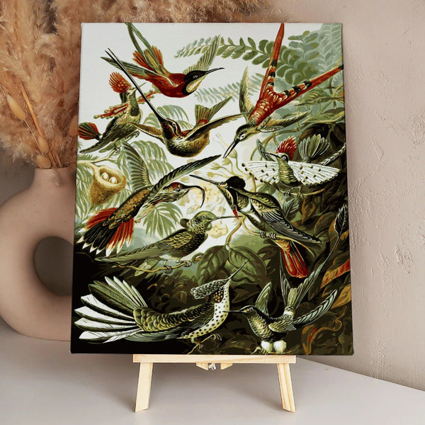 Vintage-style painting of exotic hummingbirds in a lush jungle setting