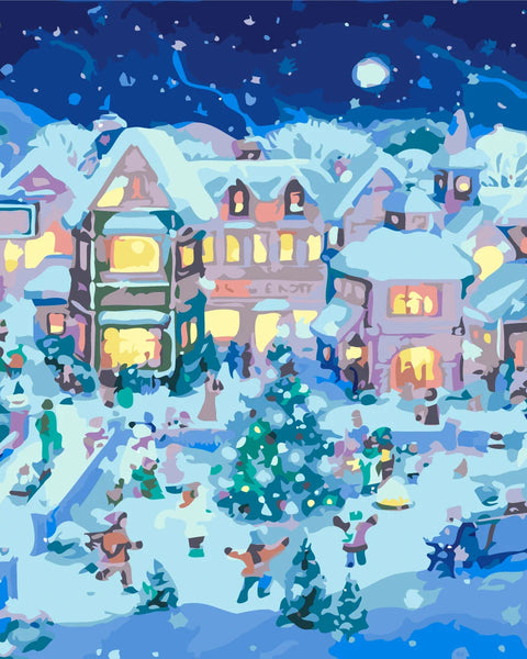 Painting of a festive snowy village with people celebrating Christmas