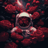 Astronaut surrounded by floating red roses in deep space