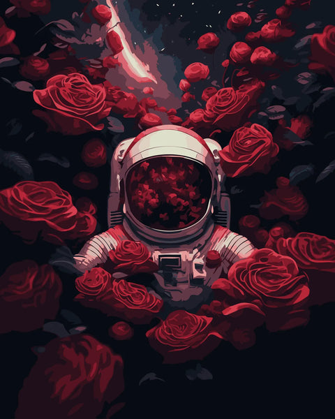 Astronaut surrounded by floating red roses in deep space