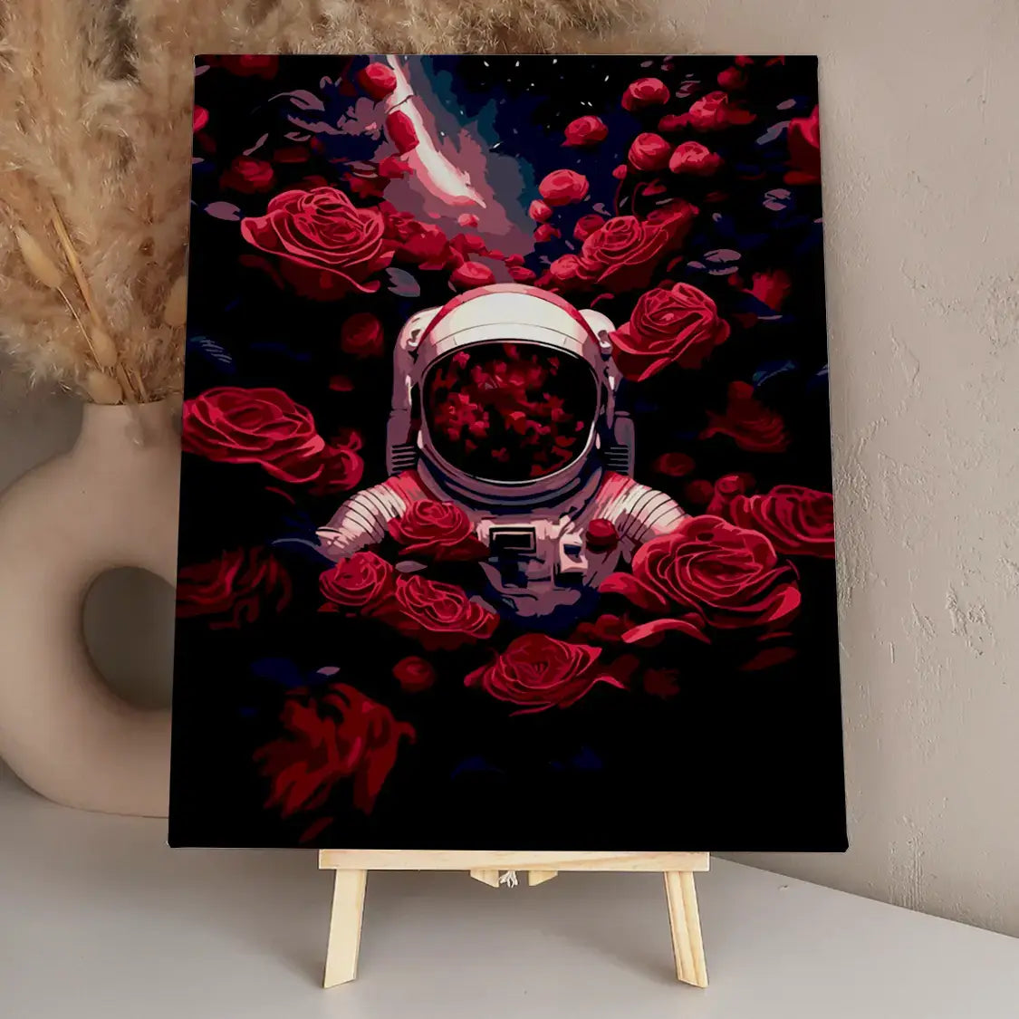 Astronaut surrounded by floating red roses in deep space