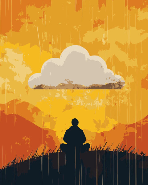 Inner Rain Paint by Numbers Kit featuring a figure meditating under a raincloud against a vibrant golden sky.