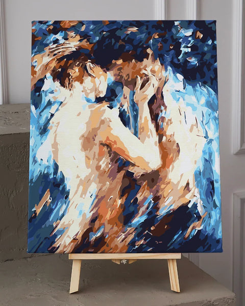Painting of a passionate couple embracing in abstract flowing colors