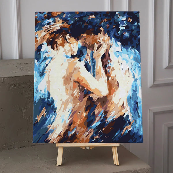 Painting of a passionate couple embracing in abstract flowing colors