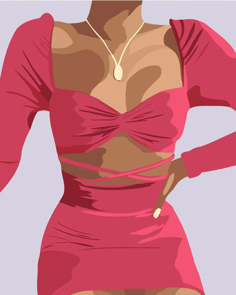 Stylized painting of a woman in a pink dress and necklace