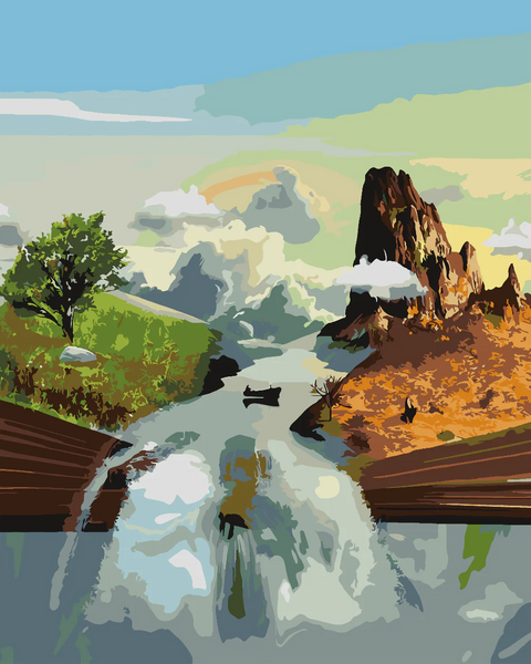 Surreal painting of an open book transforming into landscapes