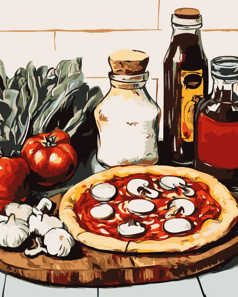 Painting of a mushroom pizza with fresh ingredients and condiments