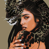 Woman blending with a leopard in a surreal artistic portrait