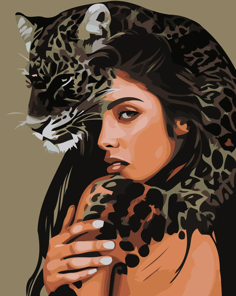 Woman blending with a leopard in a surreal artistic portrait