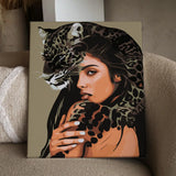 Woman blending with a leopard in a surreal artistic portrait