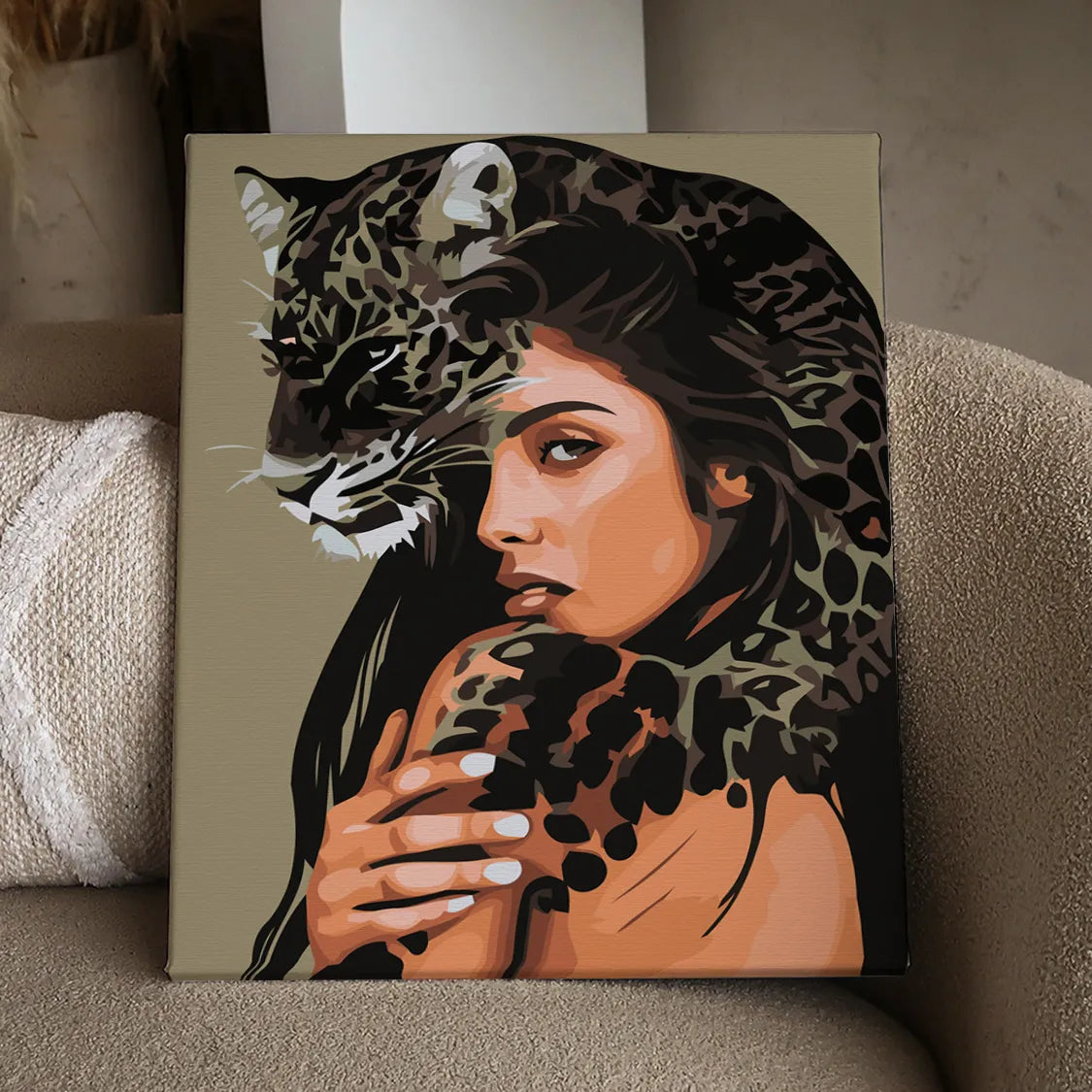 Woman blending with a leopard in a surreal artistic portrait