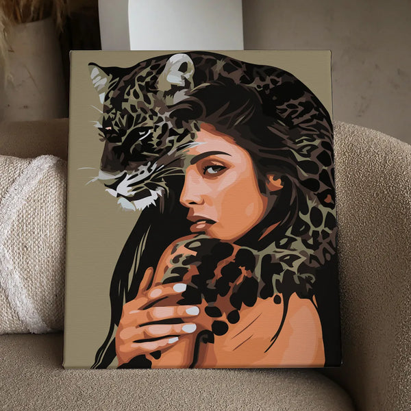 Woman blending with a leopard in a surreal artistic portrait