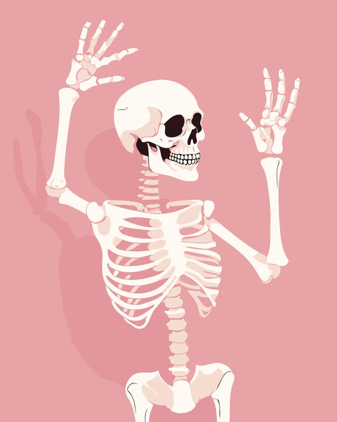 Smiling skeleton raising hands against a pink background illustration