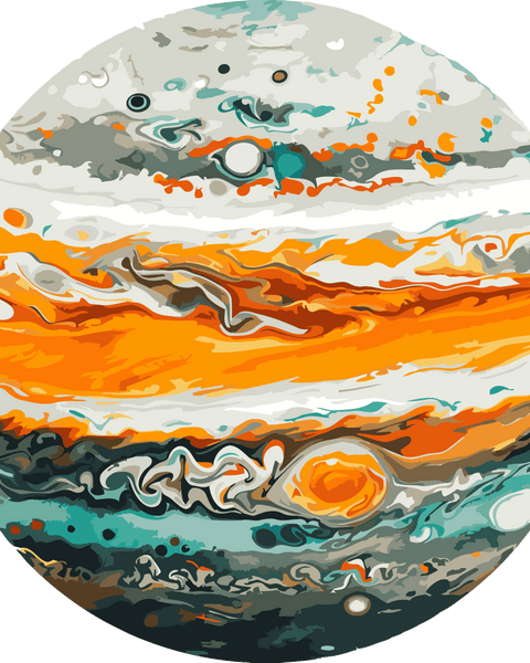 Abstract painting of Jupiter with swirling orange and blue patterns