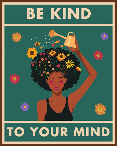 Woman watering flowers in her hair with "Be Kind" text