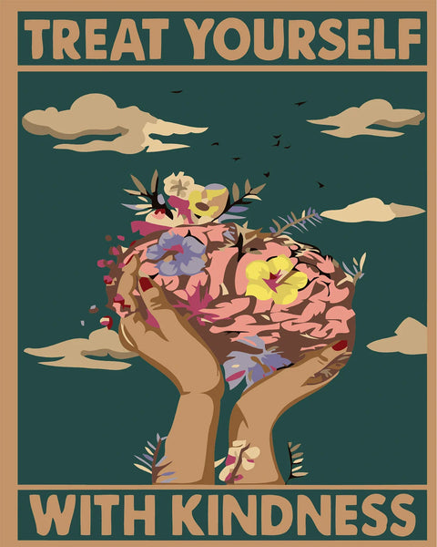 Stylized painting of hands holding flowers with motivational text